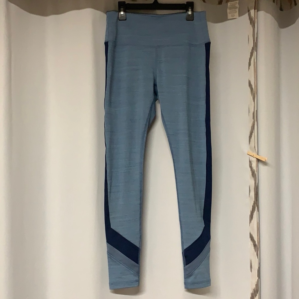 Light blue and dark blue striped Reebok workout leggings. Squat proof, size S